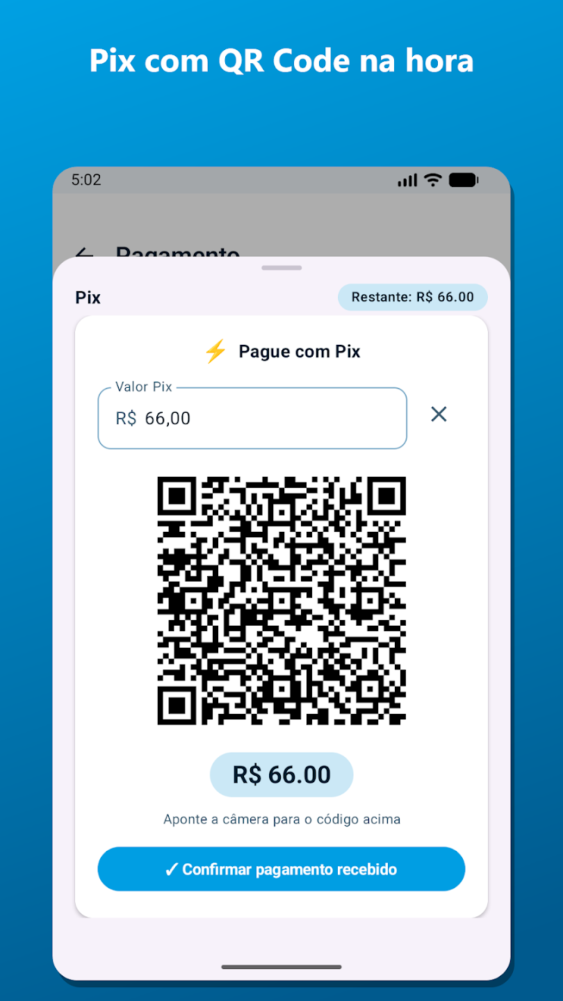 Pix com QR Code na hora: tela de pagamento com o código e o valor